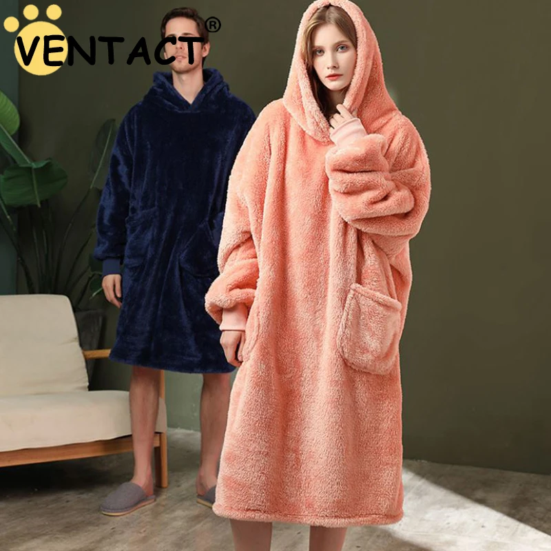 

VENTACT Women Pajamas Winter Hooded Pullover Loose Couple Plus Size Flannel Sleepwear Outdoor Cozy Homewear Men Loungewear
