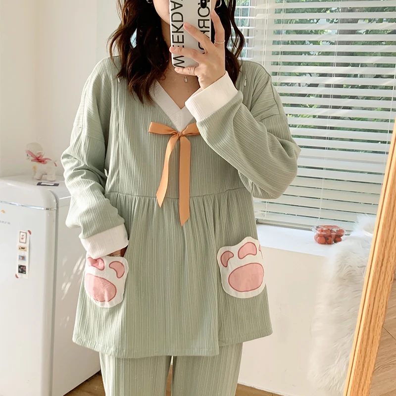 

Весенние корейские модные хлопковые комплекты одежды для сна для беременных и кормящих матерей милые пижамные костюмы для беременных дома...