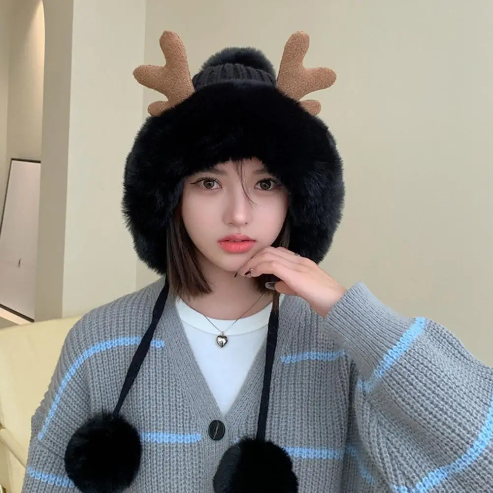 

Women Winter Hat Antler Plush Ball Decor Thickened Plush Solid Color Windproof Warm Soft Photo Prop Lady Outdoor Cap