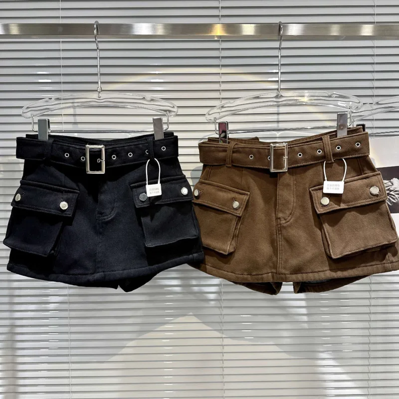 

PREPOMP 2023 Autumn Winter New Collection Double Pockets Belt Plush Thick Short Skirts Women Shorts Skirt GM018