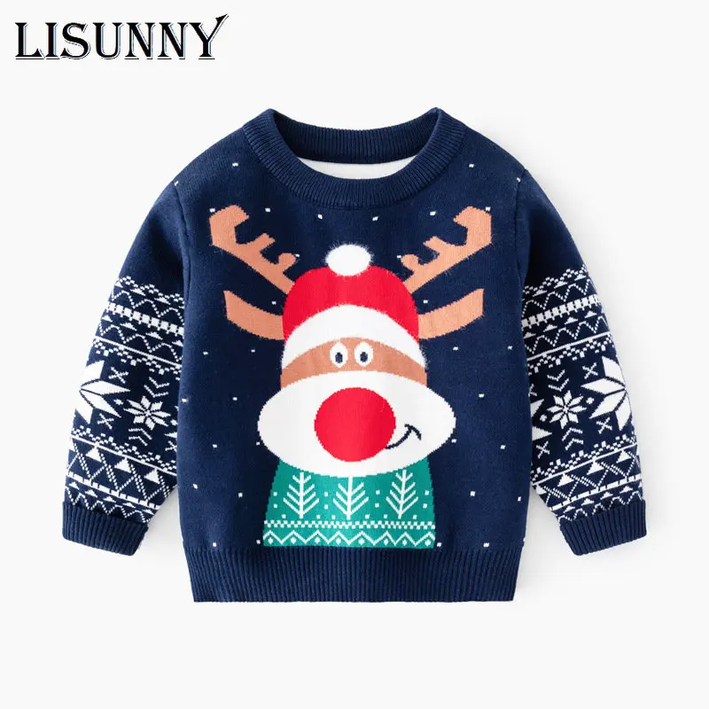 

2022 Autumn Winter Kids Cartoon Christmas deer Sweater Coat Children Clothing Baby Cotton thick wool top Boys Girl Pullover 2-7y