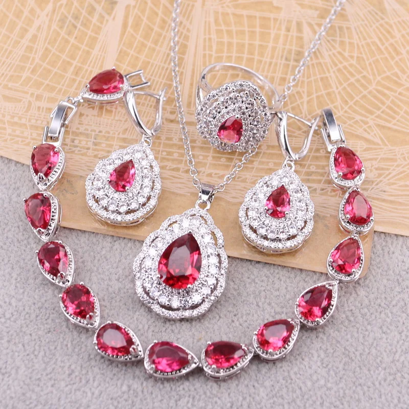 

Women's Earrings Red Silver 925 Stud Earrings For Women Necklace Pendant Bracelets Drop Ring Women Birthday Jewelry Sets