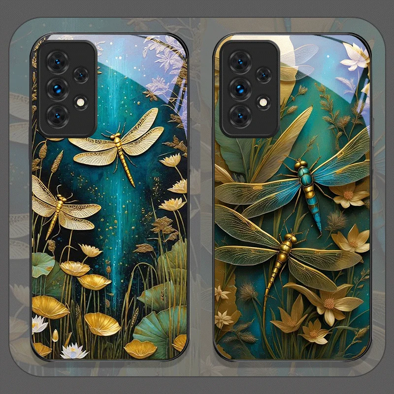 Фото Чехол для телефона из закаленного стекла Flower Golden Dragonfly для Samsung Galaxy A06 A17 A55 A54 A53 A52 A36 A14 A31 5G с цветочным узором №1