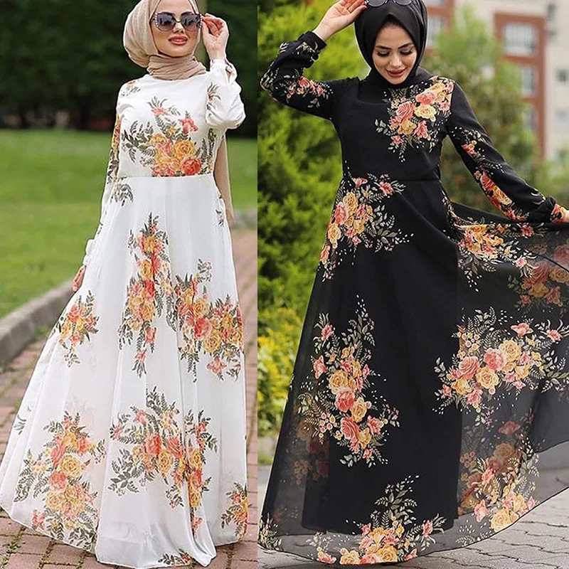 

Mandylandy Дубай арабские женщины с цветочным принтом с длинным рукавом абайя мусульманское платье кафтан длинное платье элегантные мусульманс...