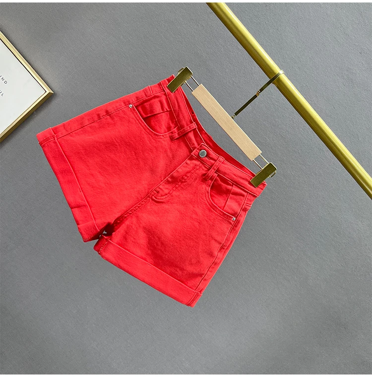 Women's Flanging Denim Shorts 2023 New Summer High Waist Loose Slimming All-Matching Candy Color Wide Leg Hot Jean Pants Fashion