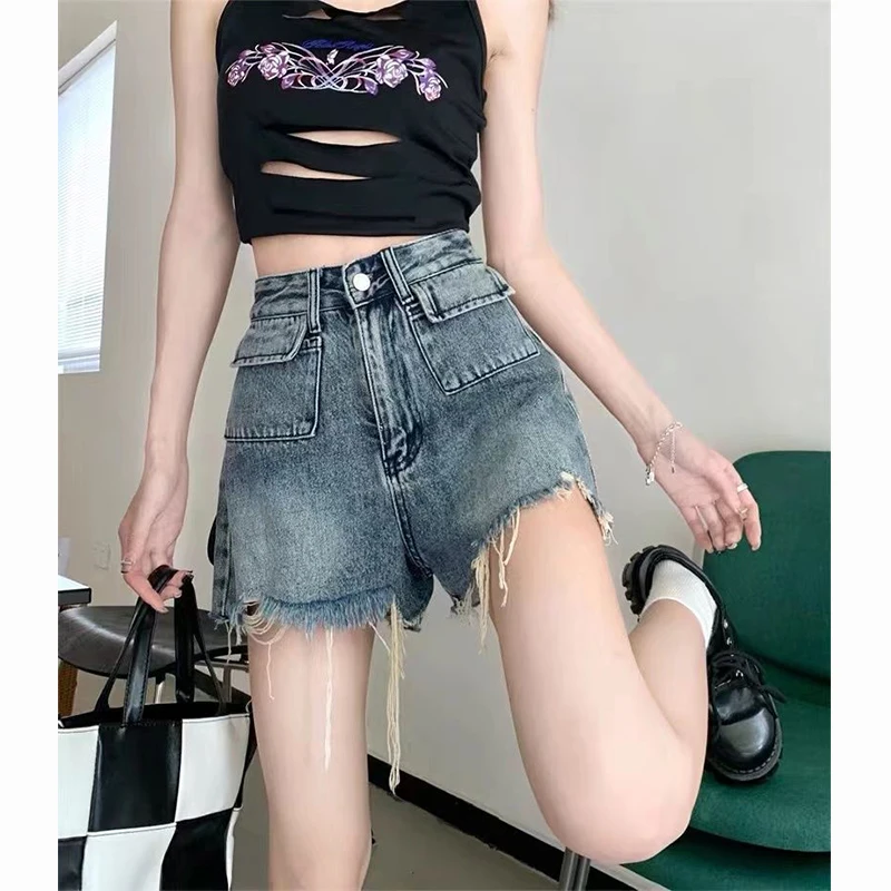 Y2k Shorts For Women Short Jeans Raw Edge Light Blue Baggy 2000s Korean Style Fashion High Waist Straight 2023 Mini Denim Pants