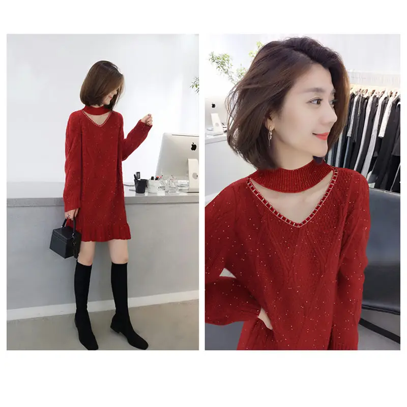 Женское прямое платье-свитер с длинным рукавом ярко-красное шелковое и ажурным