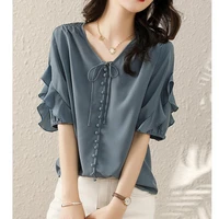 elegant fashion ruffles lace up chiffon blouses woman 2022 summer new office lady commute v neck butterfly sleeve button shirts
