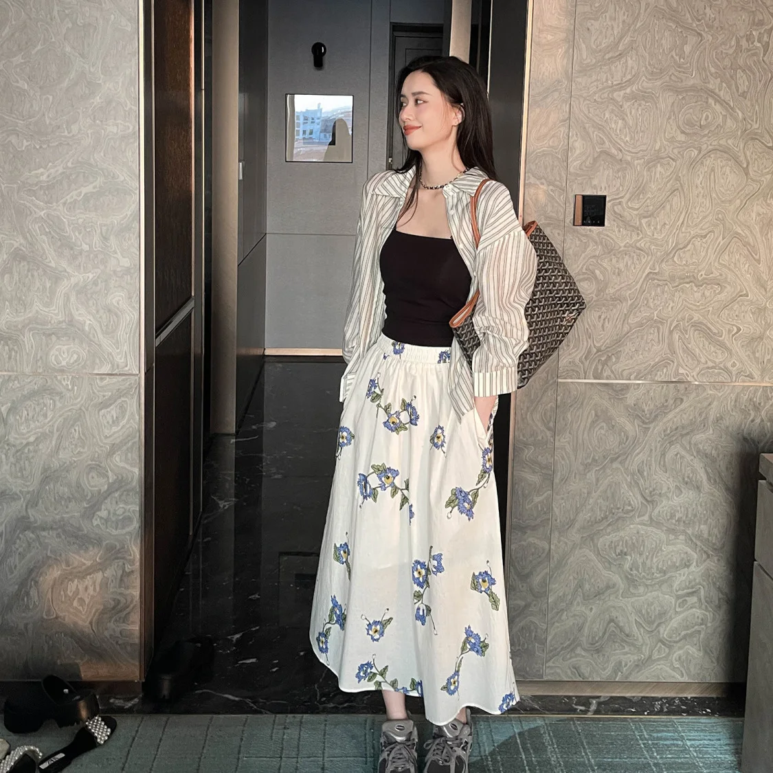 

3D Print Cute Flower Midi Long Skirt 2023 woman y2k white skirts women stylish fashion korean clothing summer vintage boho aline