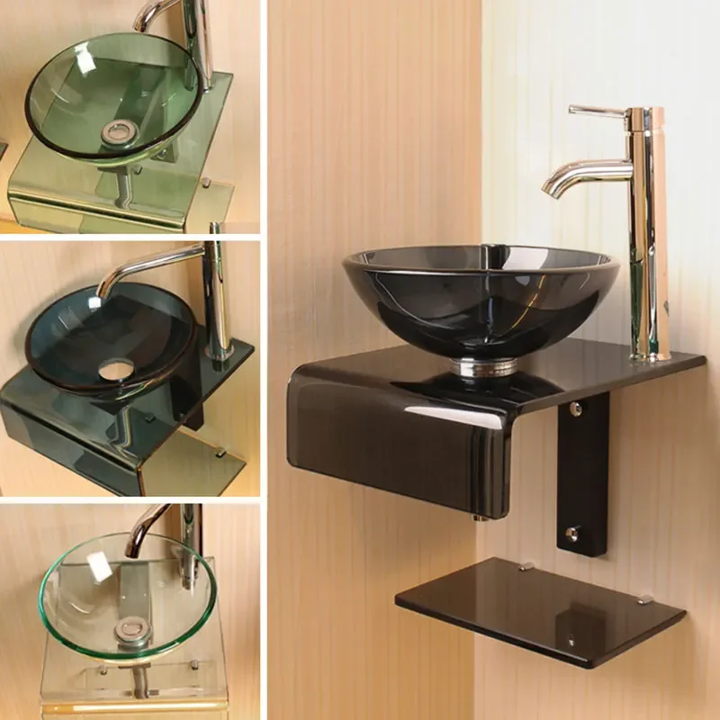

Bathroom Small Apartment Tempered Glass Floor Wash Basin Combination Wall-Mounted Wash Basin Bathroom Bracket Table Basin