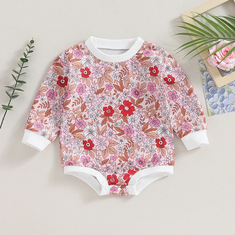 

Милые комбинезоны для новорожденных девочек, одежда с цветочным принтом, пуловер с длинным рукавом и круглым вырезом, свитшоты, Комбинезоны