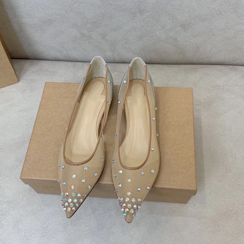 Europe and America 2023 Early Autumn New Pointed Flat Women's Shoes Hot Drill Lace Mesh Breathable Sheet Shoes