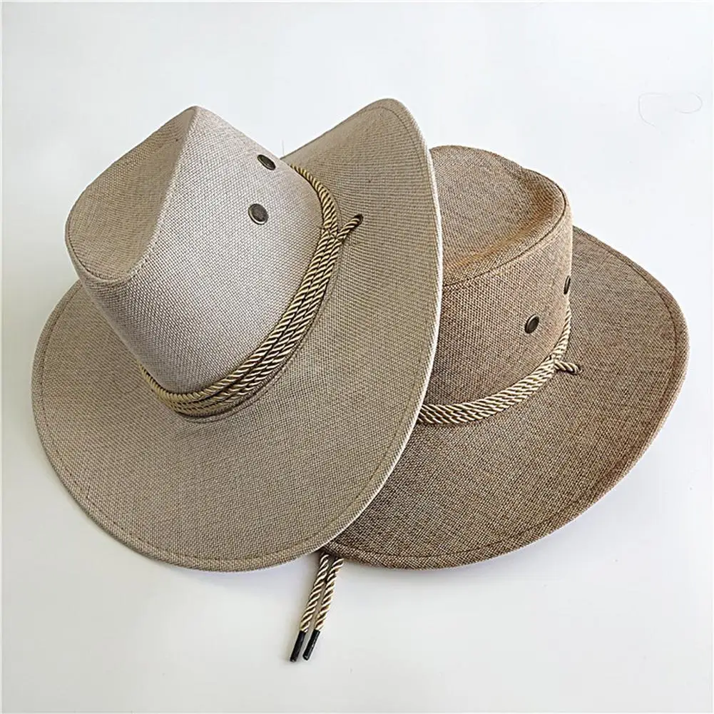 

Breathable Men Cowboys Hat Sunscreen Adjustable Wide Brim Windproof Sweat-wicking Panama Hat Outdoor Supplies for Beach