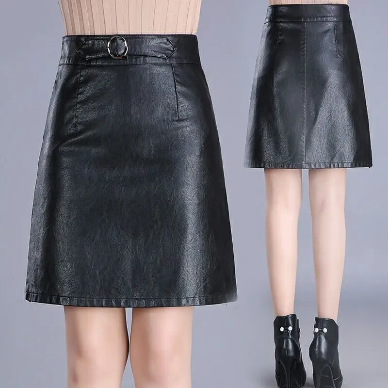 

Женская юбка из искусственной кожи, облегающая короткая юбка с высокой талией, однотонная черная повседневная юбка средней длины для офиса ...