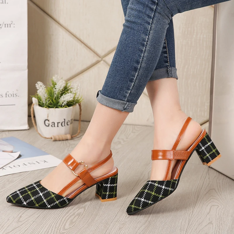 

New Coarse Sandals Female High-heeled Shallow Mouth Pointed Pumps Work Shoes Sexy Hollow Lattice High Heels 2022 Women's Sandals
