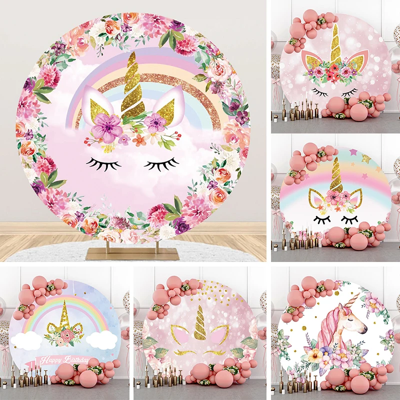 

Unicorn Round Backdrop Birthday Party Baby Shower Girls Decoration Rainbow Unicorn Photo Background Photography Circle Cover