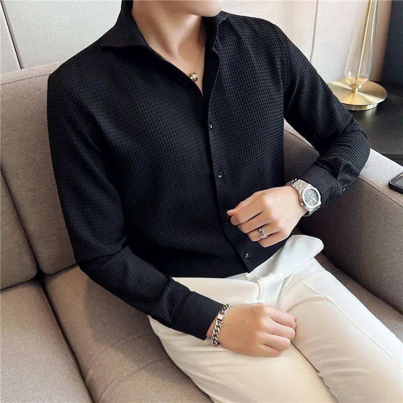 2022 Autumn One Word Collar Shirts Men Long Sleeve Casual Slim Shirt Solid Color Business Dress Shirts Streetwear Tuxedo Blouse