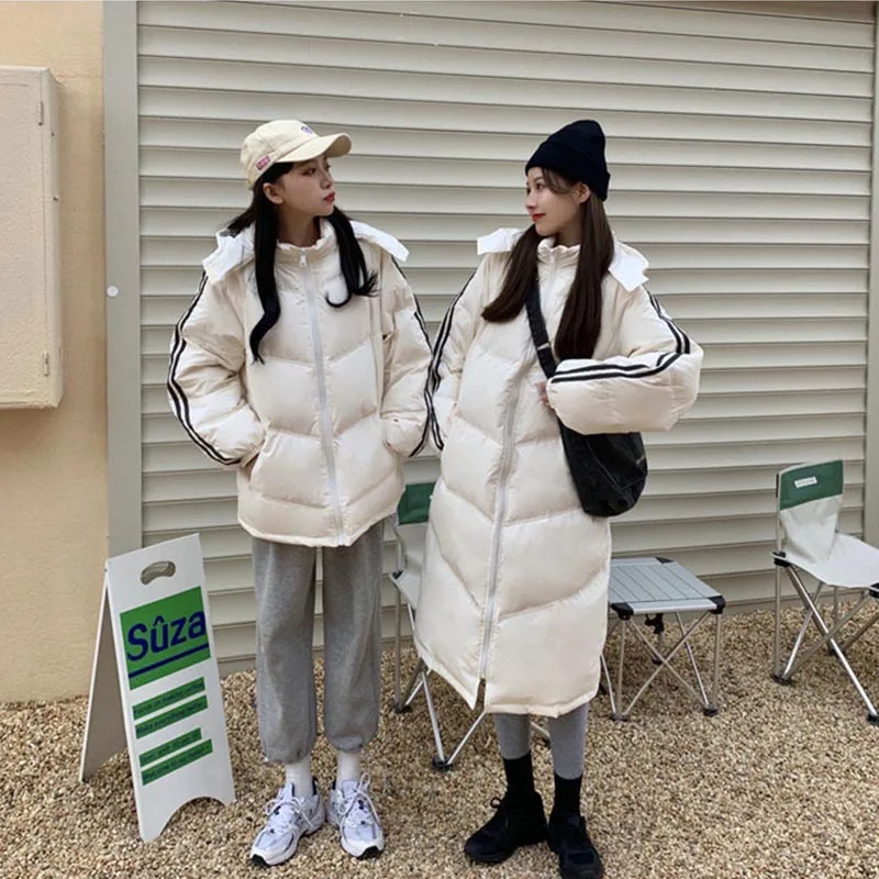 Down Cotton Jacket Coat Women Striped Jacket Female Korean Style Medium Length Thickened Padded Jacket Fashion Loose Cotton Coat
