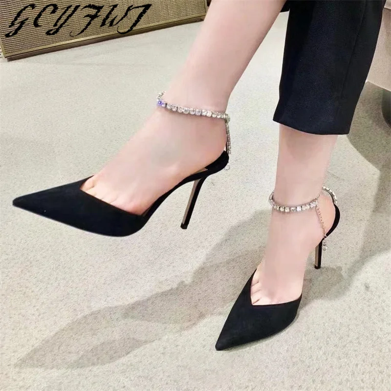 

Summer New Style Rhinestone Chain Women Sandals Pointed Toe Thin Heels Female Pumps Sexy Solid Color Wedding Dress Ladies Shoes
