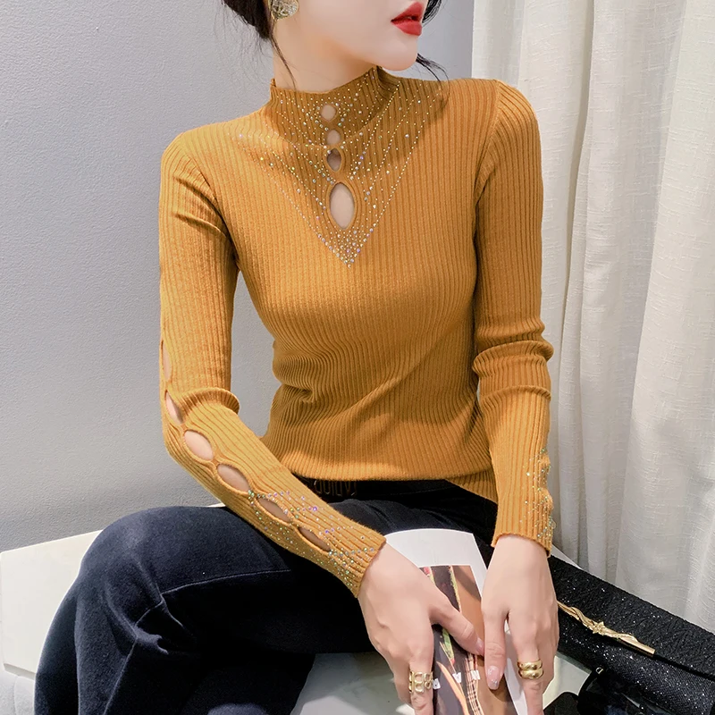 

2023 Autumn/Winter New Hot Diamond Hollow Half High Neck Sweater Women's Slim Fit Long Sleeve Top Knitted Bottom Shirt