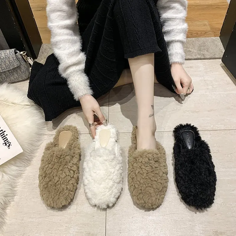 

Net red lamb fur flat-bottomed half-slippers women's autumn/winter wear fashion lazy sandals curly plush mules furry slippers
