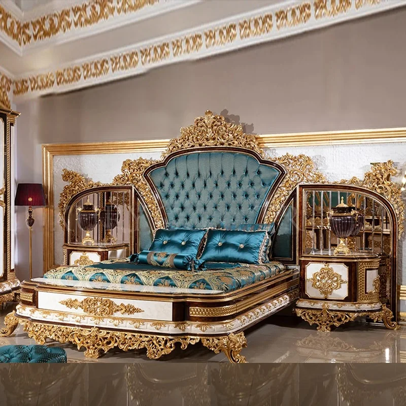 

Пользовательская Европейская кровать из цельной древесины, Роскошная ткань, Золотая фольга, французская Корта, деревянная резная двойная к...