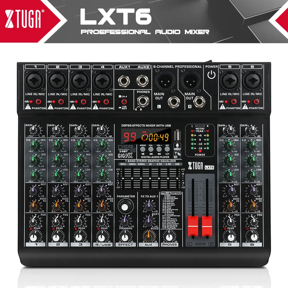 XTUGA Professional 6 Channel Audio Mixer with 99 DSP Effects,7-band EQ,48V Phantom Power,USB Interface Recording For Stage