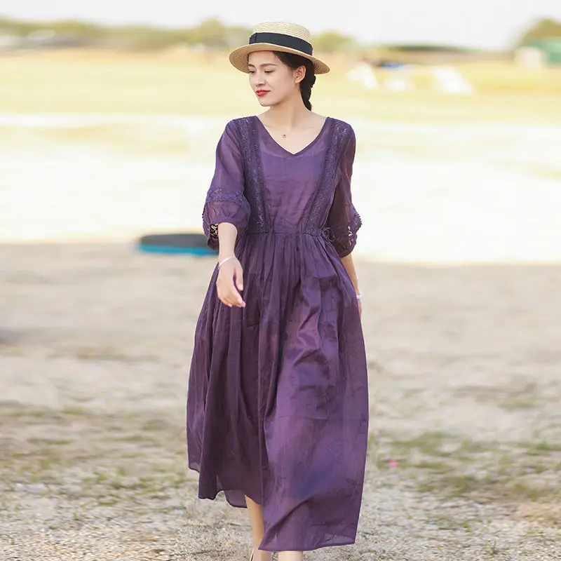 

Fashion simple literary style pregnant women's dress long V-neck White