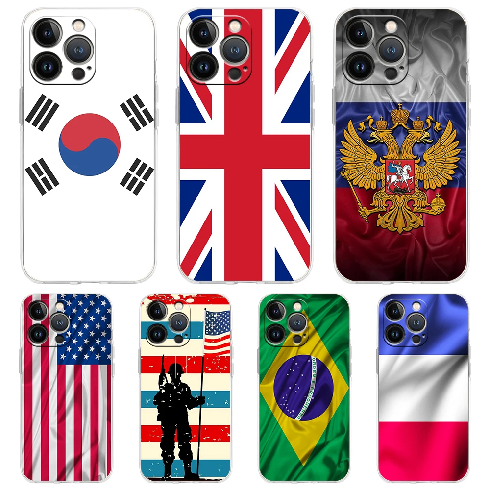 

National Flag RU FR UK Soft Transparent Phone Case Cover for iPhone 13 12 11 Pro Max X XR 8 7 Plus SE 2020 XS Max Luxury Shell
