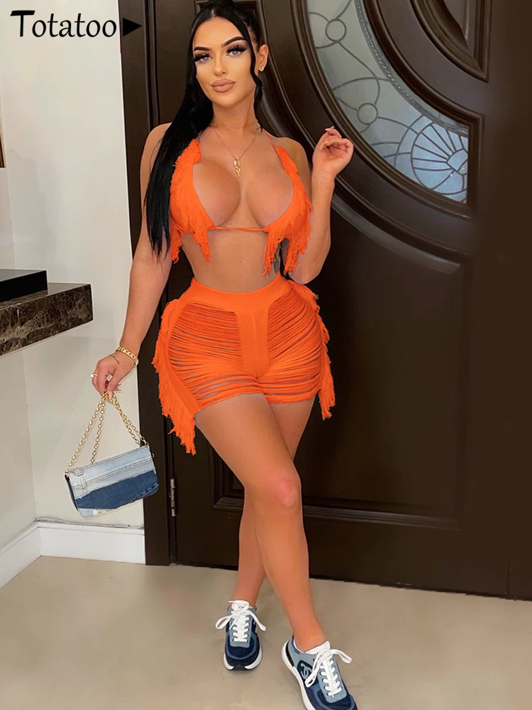

Totatoop Sexy Women Knitted Two Piece Set Hollow Out Tassel Halter Crop Top And Shorts Club Party Outfits Corchet Beach Cover Up