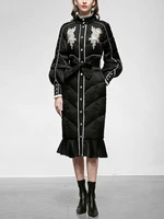 elegant fashion winter cotton coat women embroidered flower lantern sleeve high waist mid length black jacket