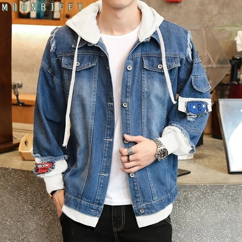 

2022 New Men's Spring Fashion Coat Men's Fake Two-piece Hooded Denim Jacket Hip-hop Loose Casual British Style Couple Coat