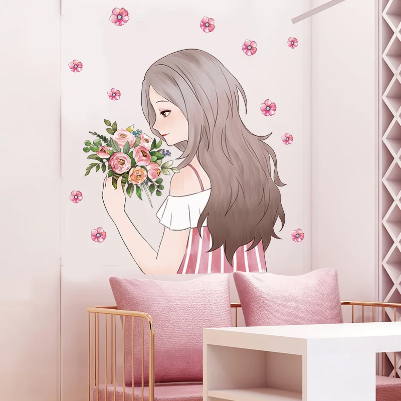 

[SHIJUEHEZI] Cartoon Girl Wall Stickers DIY Flowers PLants Mural Decals for Kids Rooms Baby Bedroom Kindergarten Home Decoration