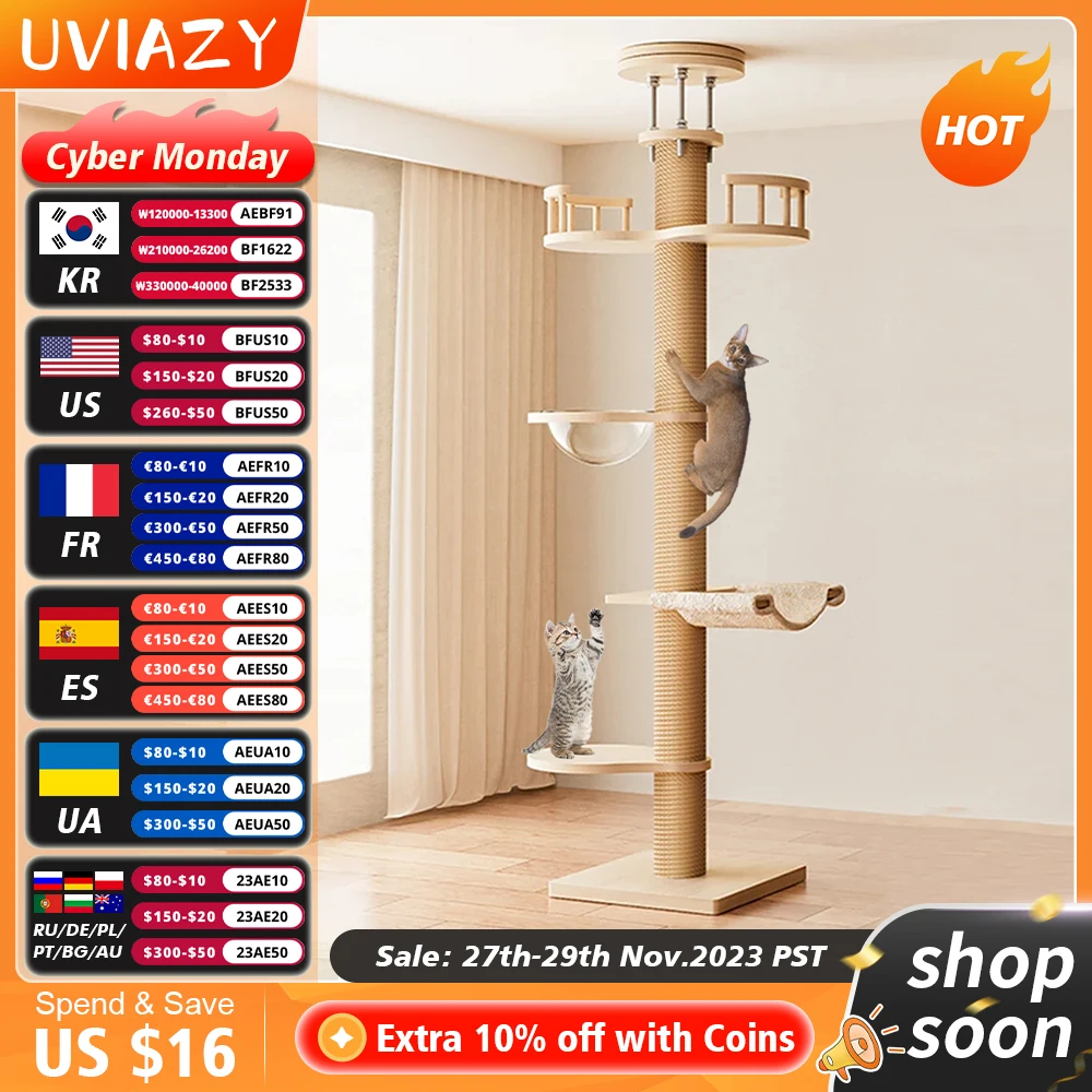 

Floor to Ceiling Cat Tower with Adjustable Height Multi-Level Climbing Cat Tree Activity Center with Cozy Hammock Cat Shelf Pet