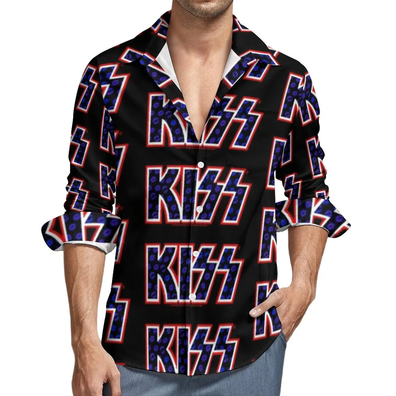 

Kiss Band Shirt Blue Lips Logo Casual Shirts Long Sleeve Pattern Harajuku Blouses Autumn Trending Oversized Clothing