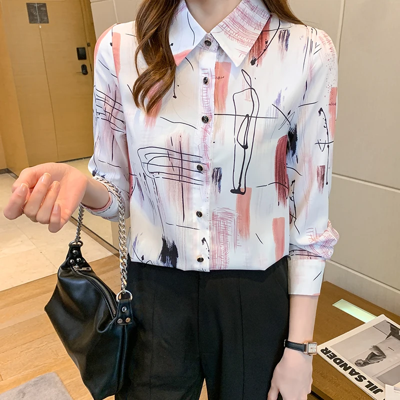 

Chiffon Women's Blouse Loose Polo Shirt Summer Fashion Long Sleeve Top Print Casual Spring Lady Clothing Houthion