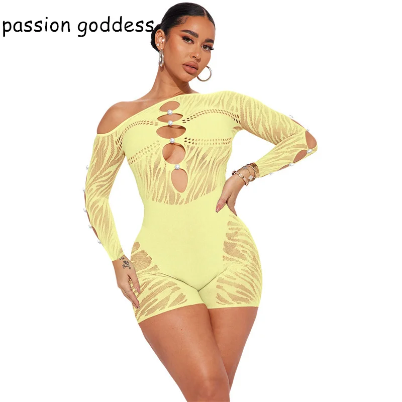 

Women 2023 Long Sleeve Slash Neck Hollow Out Bodycon Hot Sexy Playsuits Off The Shoulder Mesh Night Club Bodysuits Party Rompers