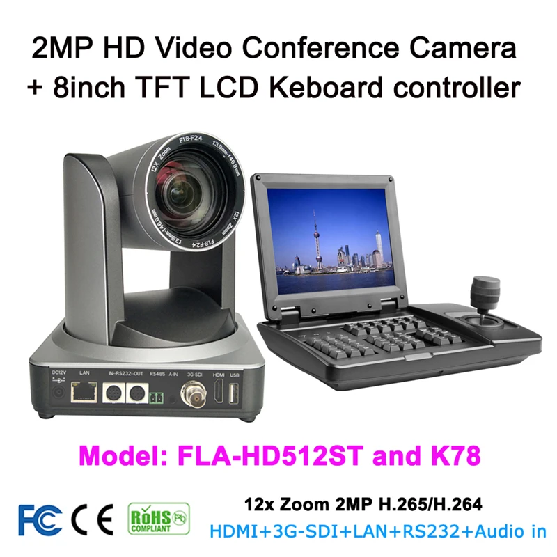Video Conference System 1080p 60fps Camera 12x Optical Zoom with 8inch LCD Monitor 3D Joystick RS485 Visual Keyboard controller