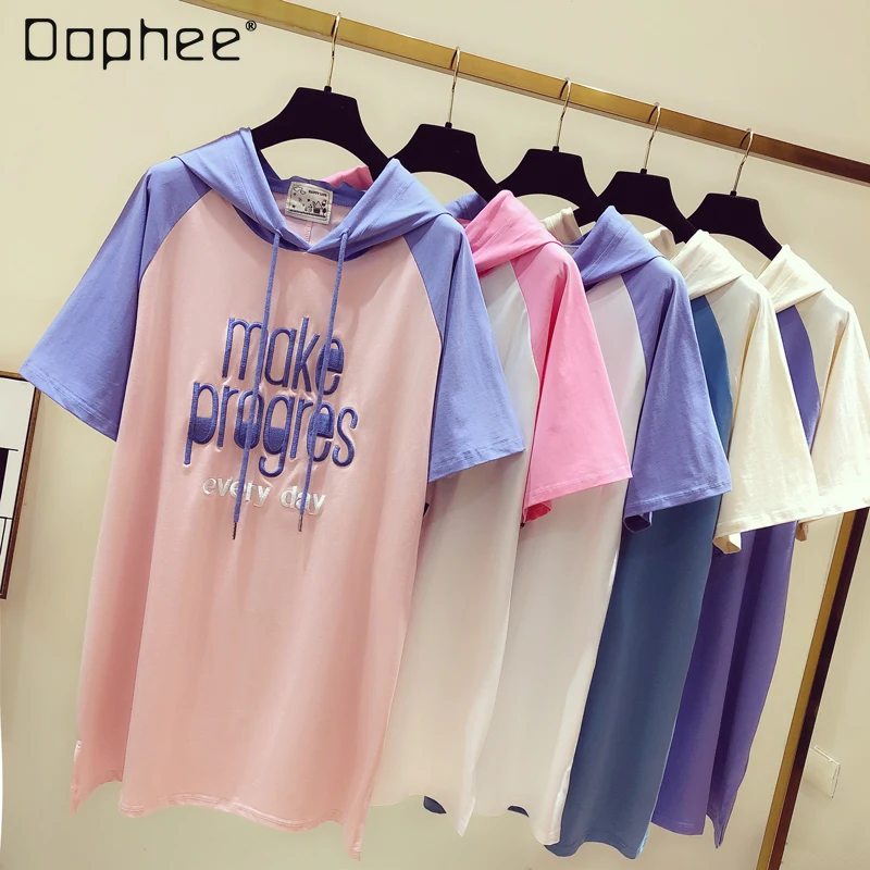 

2022 Summer Korean Style Blue Short Sleeve Thin Mid-length T-shirt Ladies Loose Embroidered Color Matching Top Hooded Tees Tops