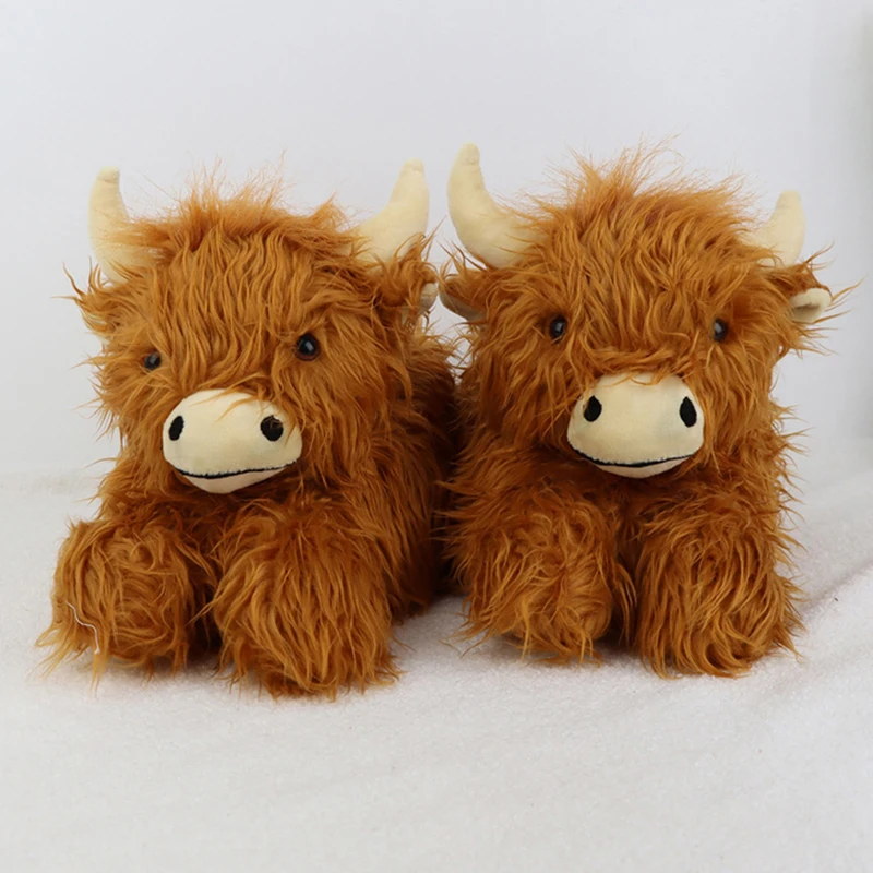 

Шлепанцы Highland из Шотландской коровы, теплые плюшевые тапочки, удобные нескользящие пушистые, в форме коровы