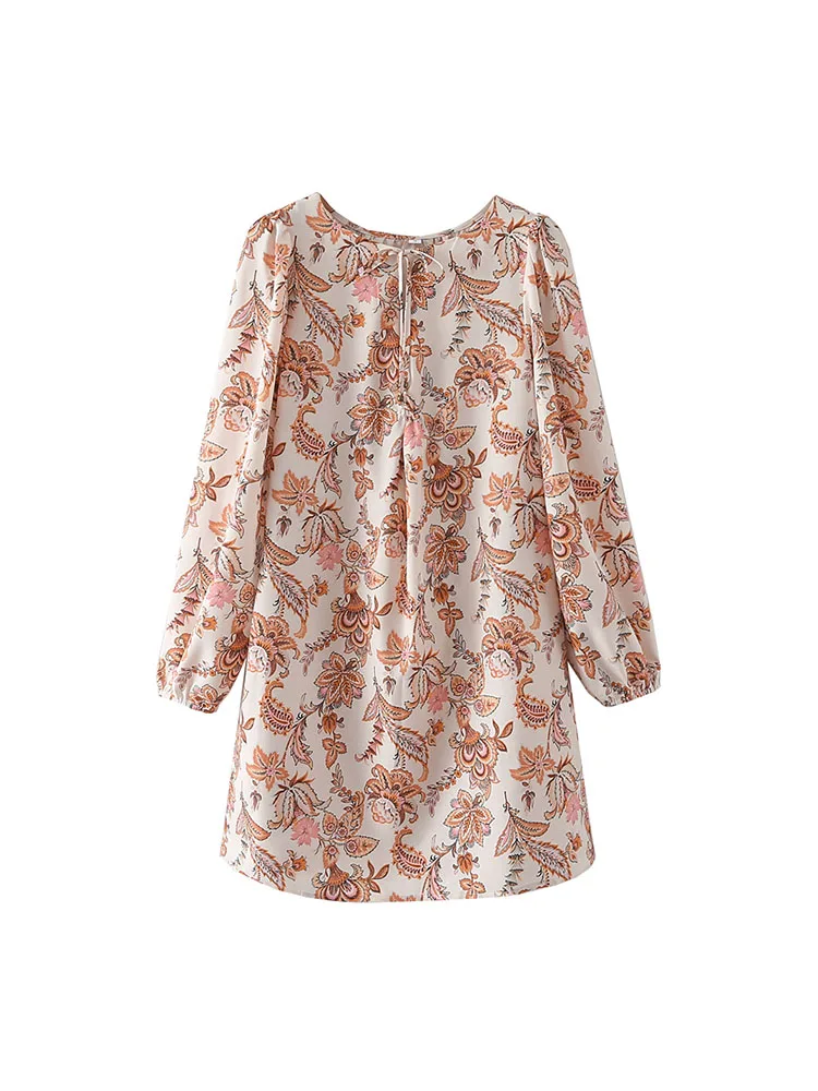

XEASY Women Boho Print Dresses 2022 Fashion New V Neck Tie Long Sleeves Mini Dresses Women Loose Dresses