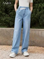 amii minimalist summer womens jeans wide leg casual straight full length pants oblique belt 100 cotton denim trousers 12230118