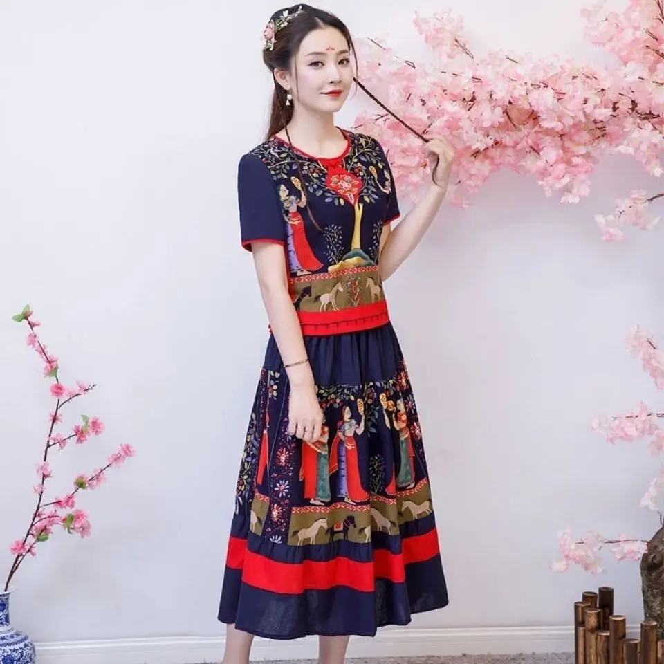 

2023 chinese national style suit skirt female summer fashion embroidered t-shirt skirt two pieces of fashion set size l-5xl g420