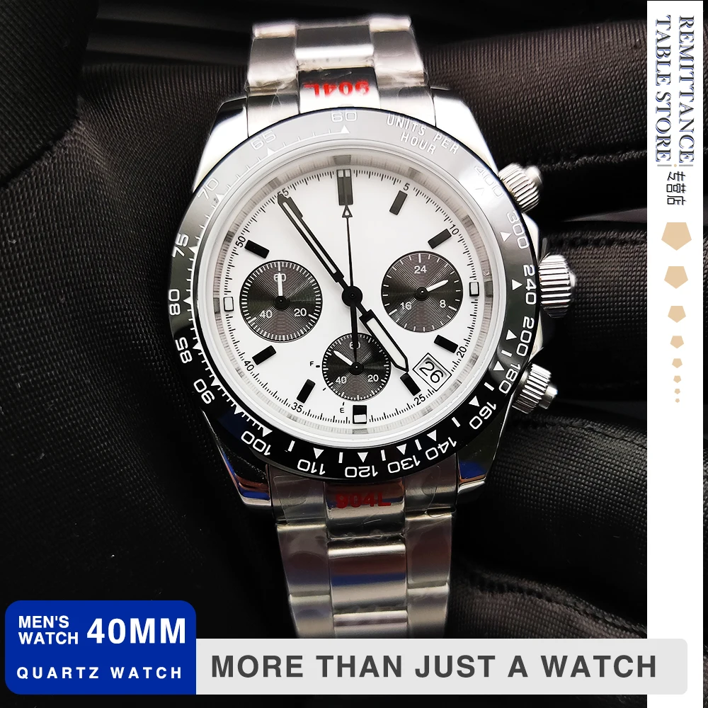 40mm Mens White Panda Quartz Watch VK63 Movement Sapphire Stainless Steel Luxury Waterproof Multifunction Three Eyes Chronograph