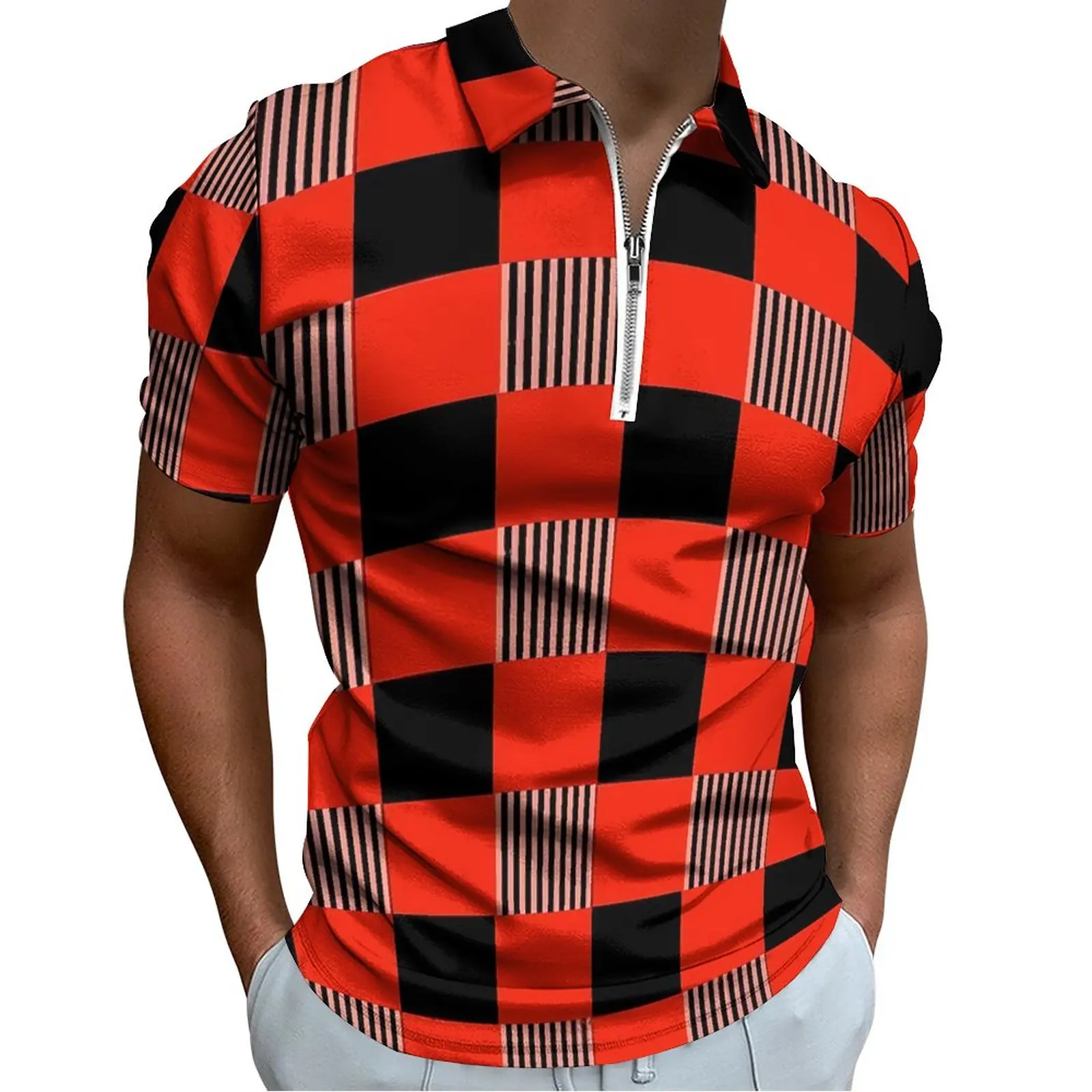 

Hard Gingham Casual T-Shirts Red And Black Polo Shirt Turn Down Collar Retro Shirt Men Custom Tops Plus Size 4XL 5XL