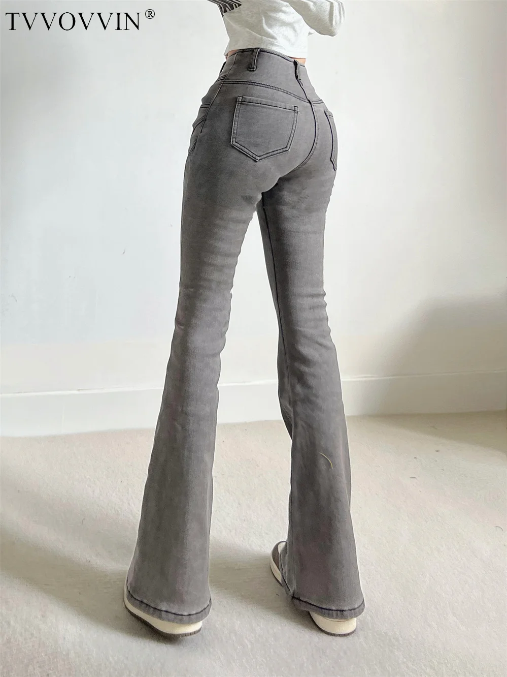 

TVVOVVIN Grey Autumn And Winter Denim Micro Flared Trousers Women's Slim Peach Hip High Waist Mop Jeans Trousers R2RK