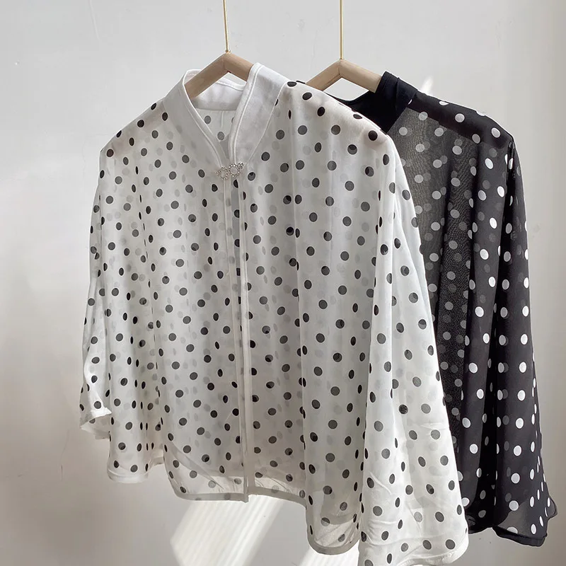 

Summer Sunscreen Silk Scarf for Women Polka Dots Shoulder Wraps Shawl Detachabel Collars Female Sunshade Chiffon Scarves