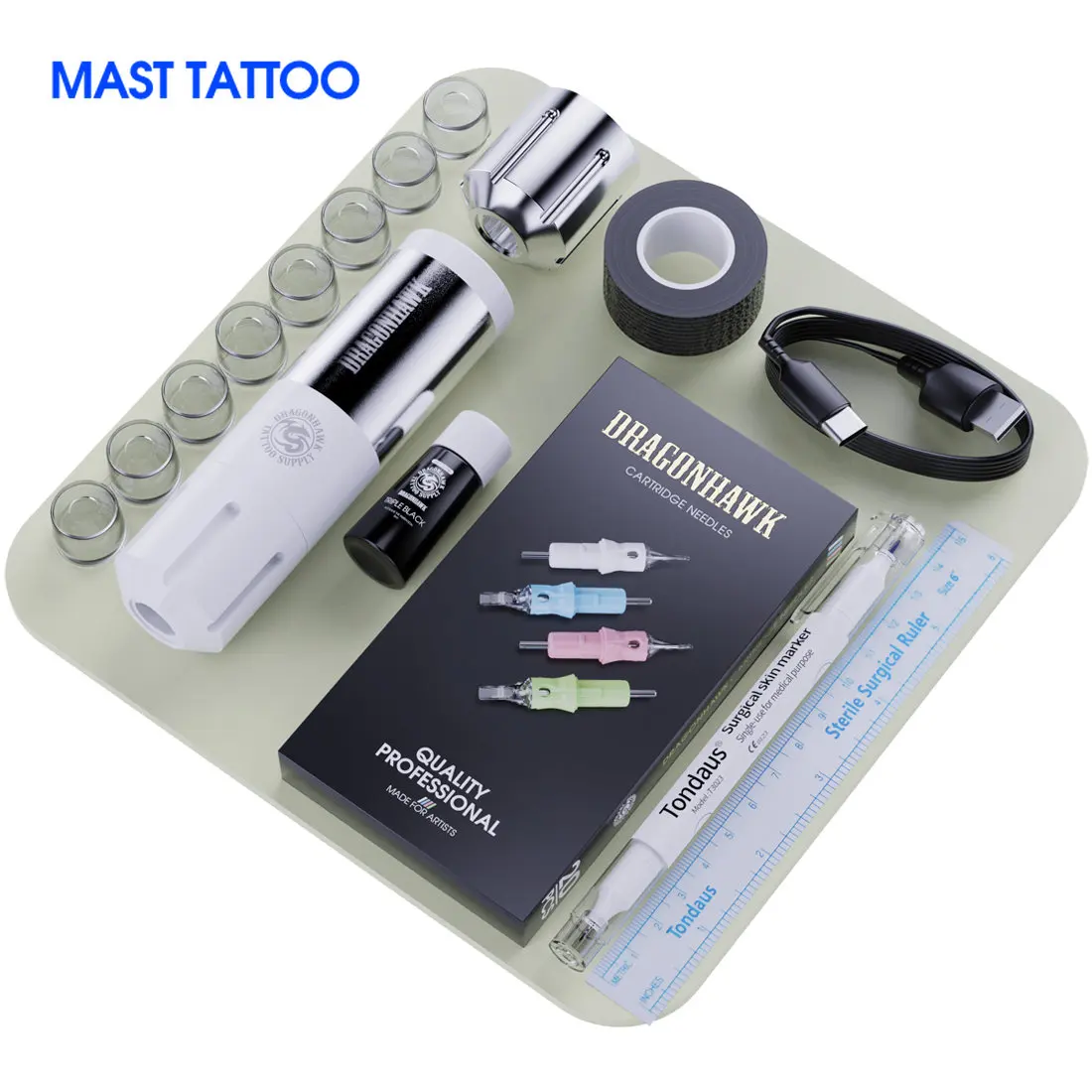 Dragonhawk Professional Rotary Wireless Mast Tattoo Machine Pen Battery Permanent Needle Cartridge Ink Makeup Pigment Set Supply