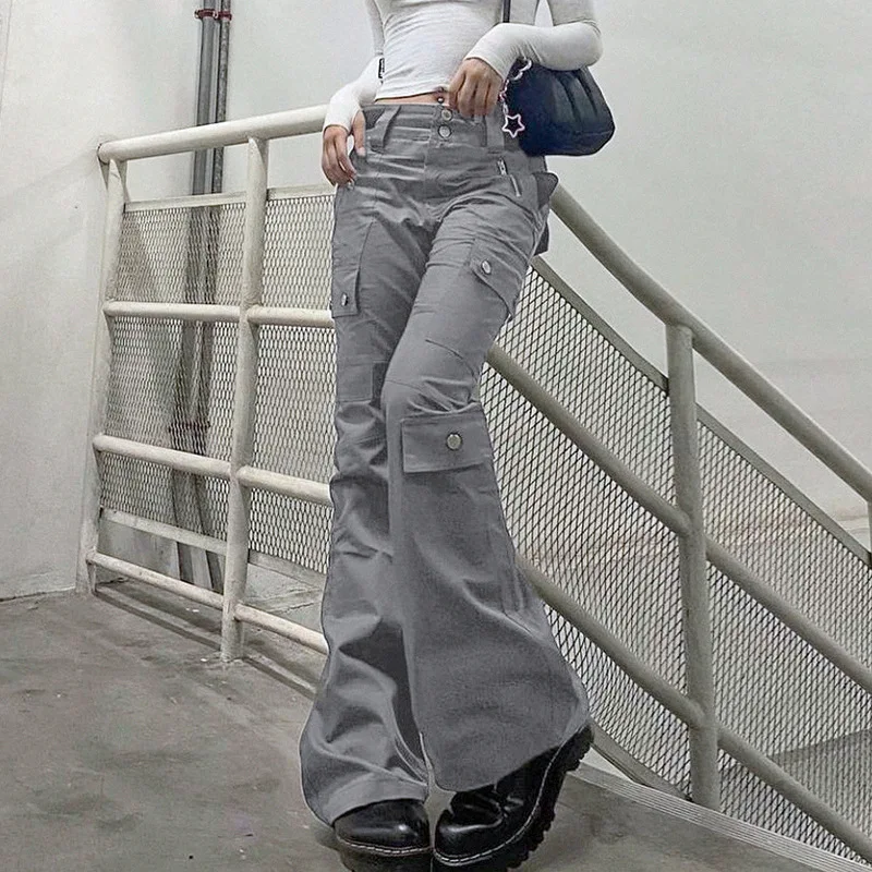 

Grey retro fashion multi-pocket button high waist jeans women y2K street trend overalls loose sexy straight casual trousers