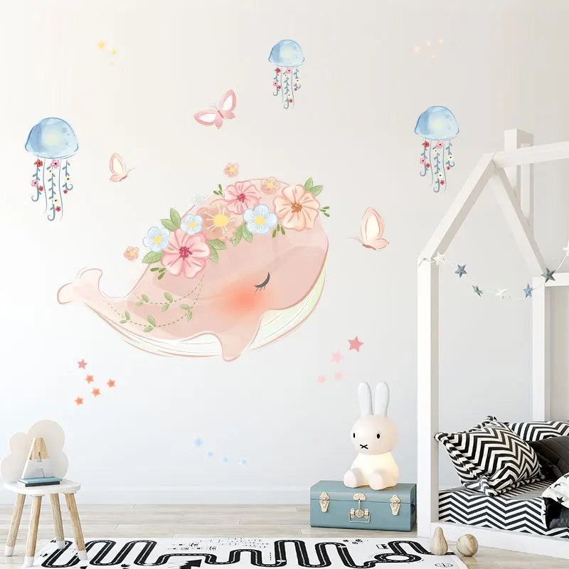 

Cute Pink Whale Wreath Jellyfish Wall Sticker for Kids Rooms Bedroom Living Room Decorations Mural Home Decor Stickers Wallpaper